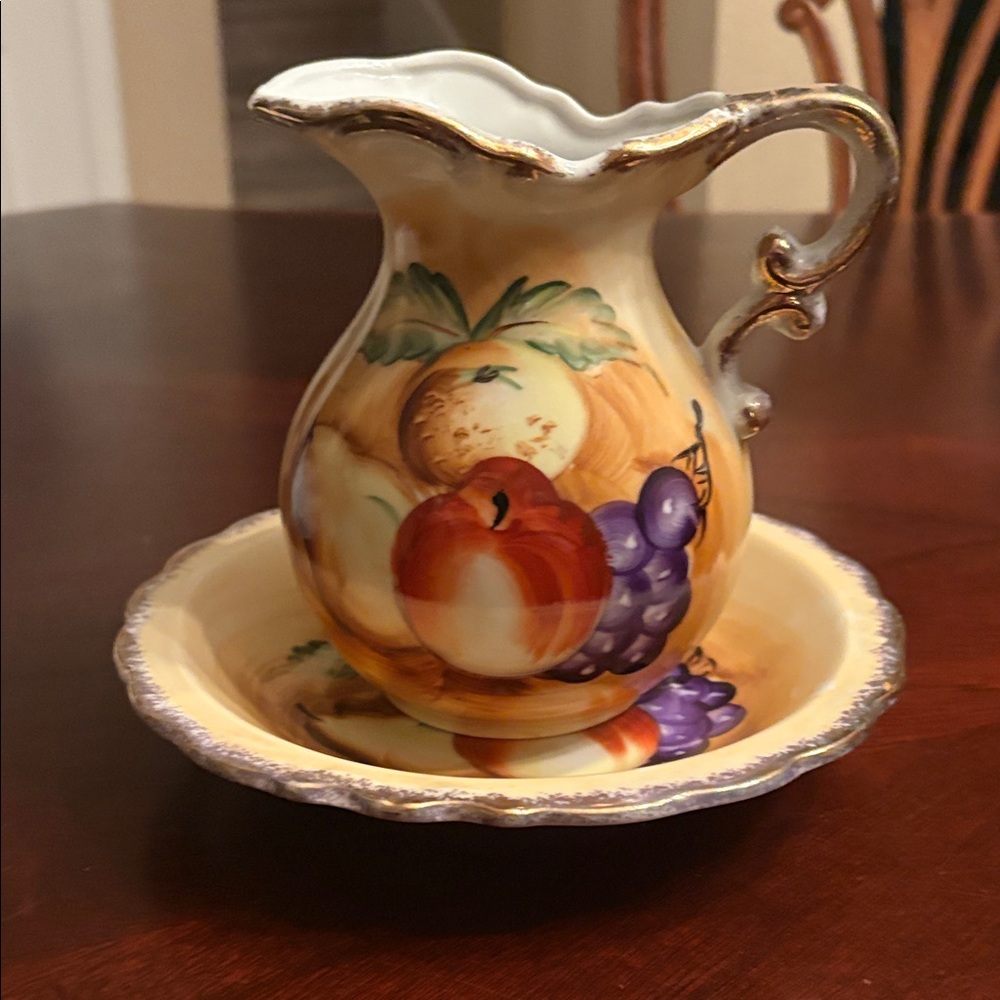 Vintage Norleans Hand-Painted Fruit Ceramic Pitcher and Basin - Yellow